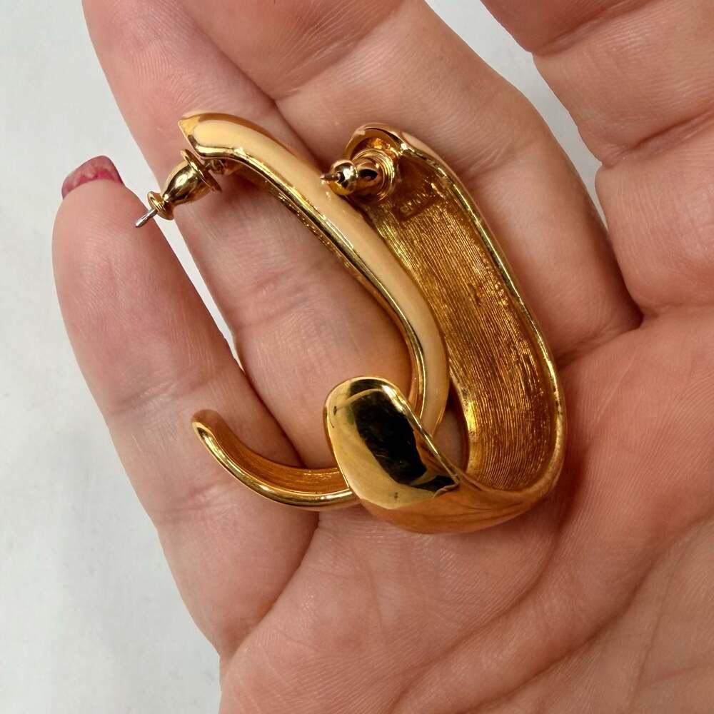 Vintage Cream Enamel and Gold-Tone Metal Statement Hoop Earrings - Picture 4 of 6
